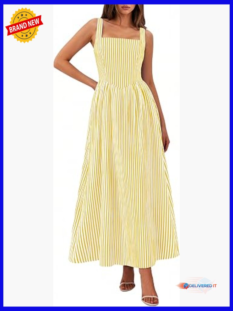 Striped Smocked Maxi Dress With Pockets - Sleeveless A-Line Sundress For Summer